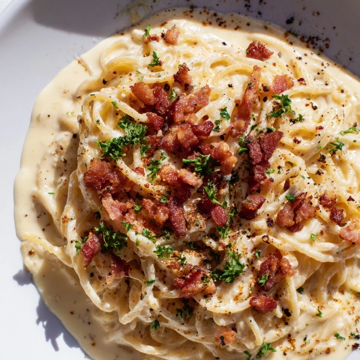 Savory Ramen Carbonara hack, perfect for a quick dinner, with crispy bacon crumbles visible and ready to eat.