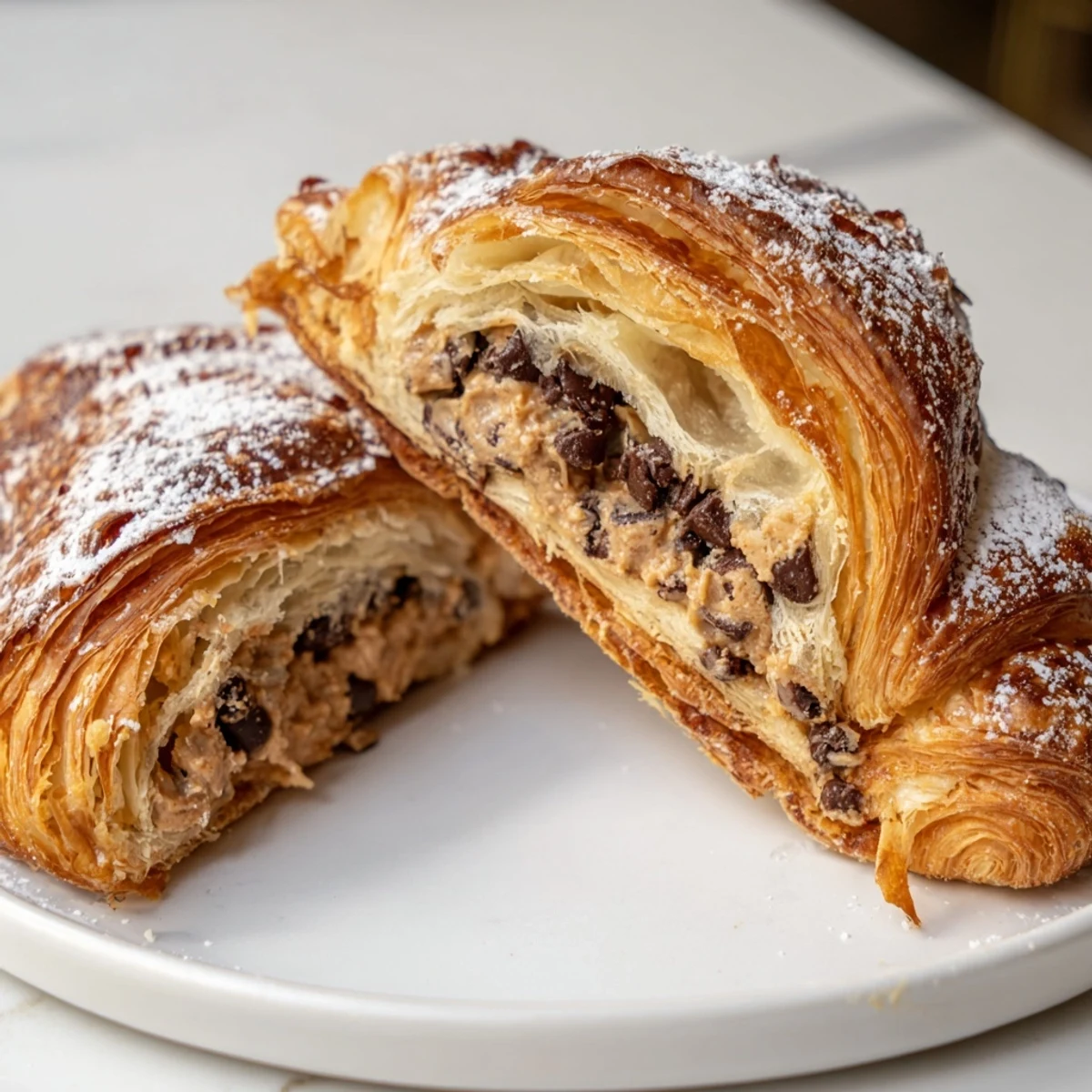 Warm, sprinkled Cookie Croissant showing a delightful blend of textures: crispy, soft, and sweet.