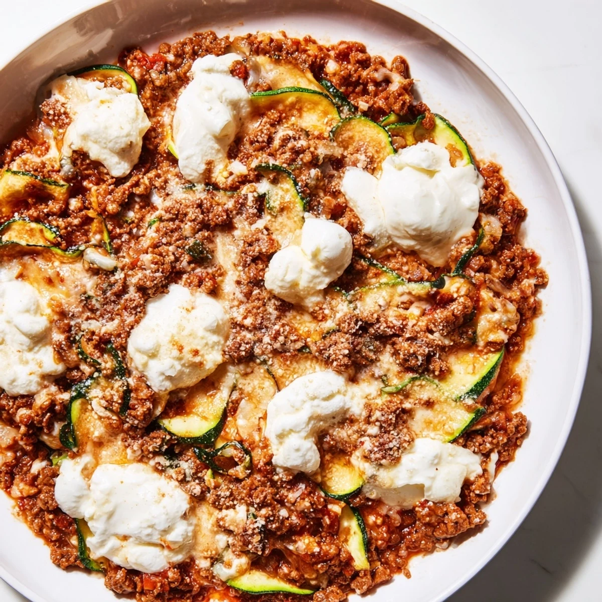 A bubbling skillet of Zucchini Lasagna, loaded with cheese and tender zucchini ribbons.