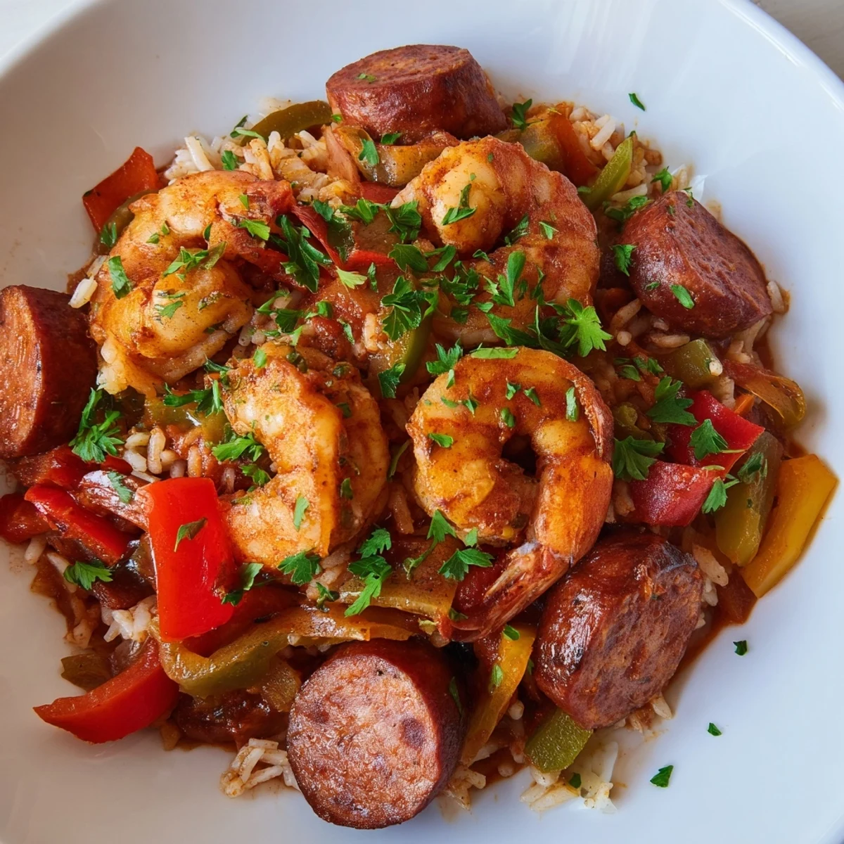This flavorful Jambalaya skillet features plump shrimp nestled with rice and savory andouille sausage pieces.