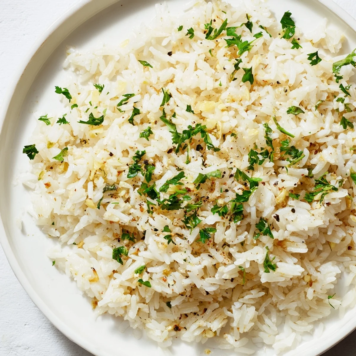 Fluffy, glistening Garlic Butter Rice, ready to serve and garnished with fresh, bright parsley.