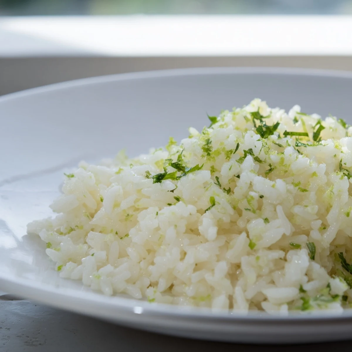Close-up of buttery Cilantro Lime Rice, garnished with cilantro, perfect alongside grilled chicken.