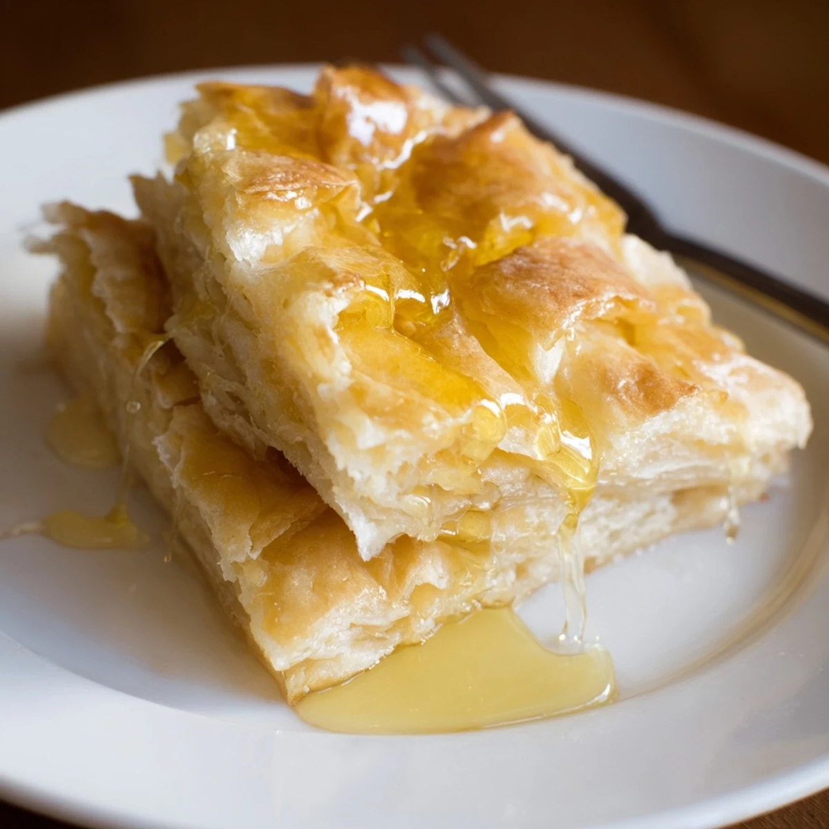 Golden, flaky Moroccan Msemen pastry squares, fried to perfection and ready to be drizzled with honey.