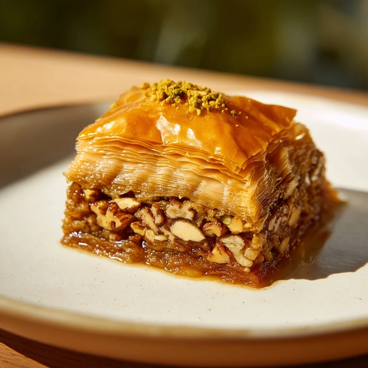 Golden-brown Turkish baklava with honey syrup glistens, showcasing layers of crispy phyllo and nuts.