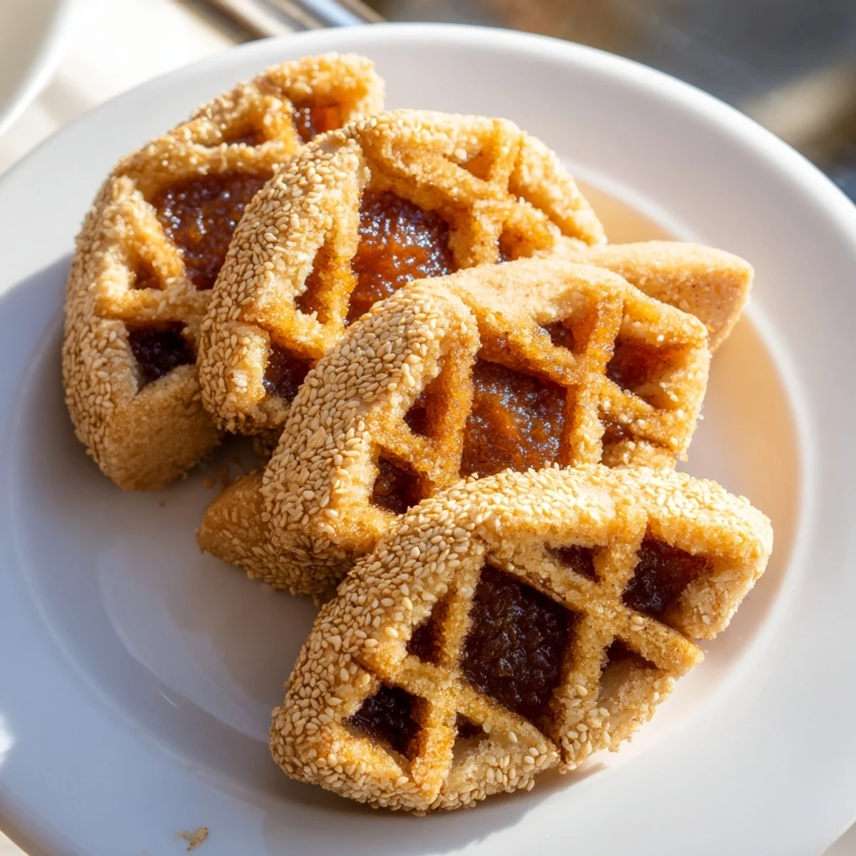 Golden, crispy Tunisian Makroudh cookies, showcasing their spiced date filling and glistening honey glaze.