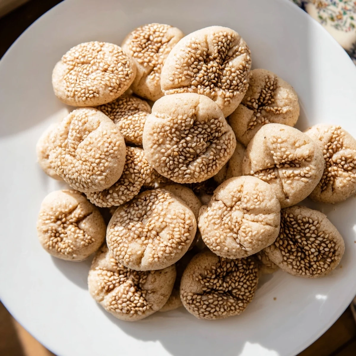 Golden-brown Palestinian Kahk cookies, filled with sweet date paste, and coated in sesame seeds.