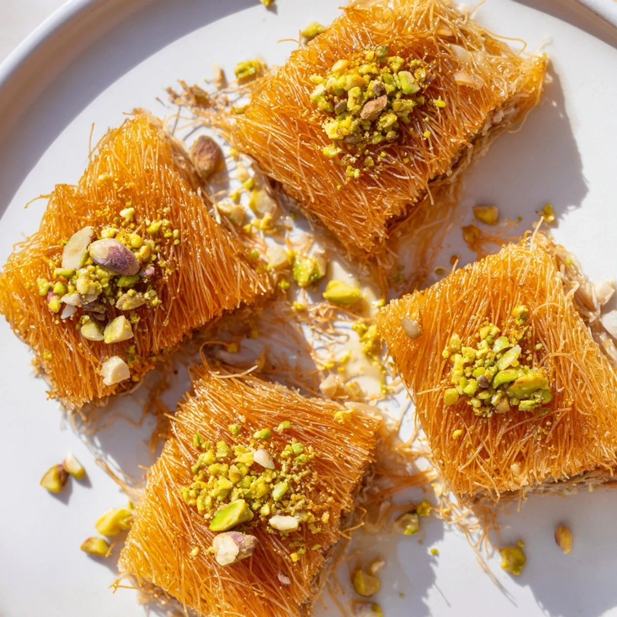 Golden baked Egyptian konafa dessert, with layers of crispy kataifi and a sticky honey drizzle.
