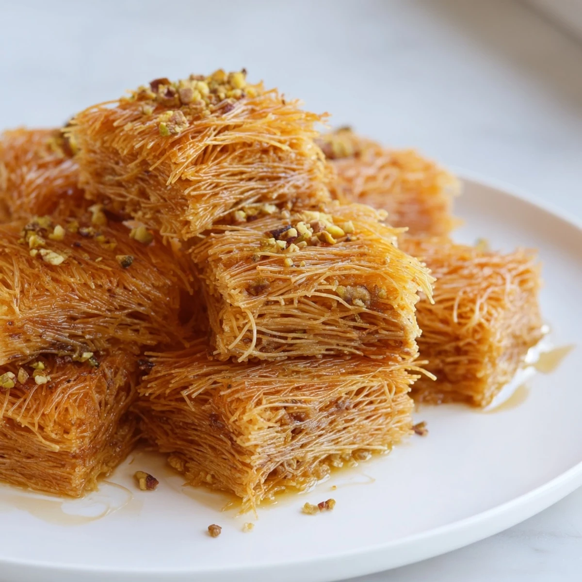 Close-up of freshly cut pieces of Egyptian konafa, showing the nutty interior and honey glaze.