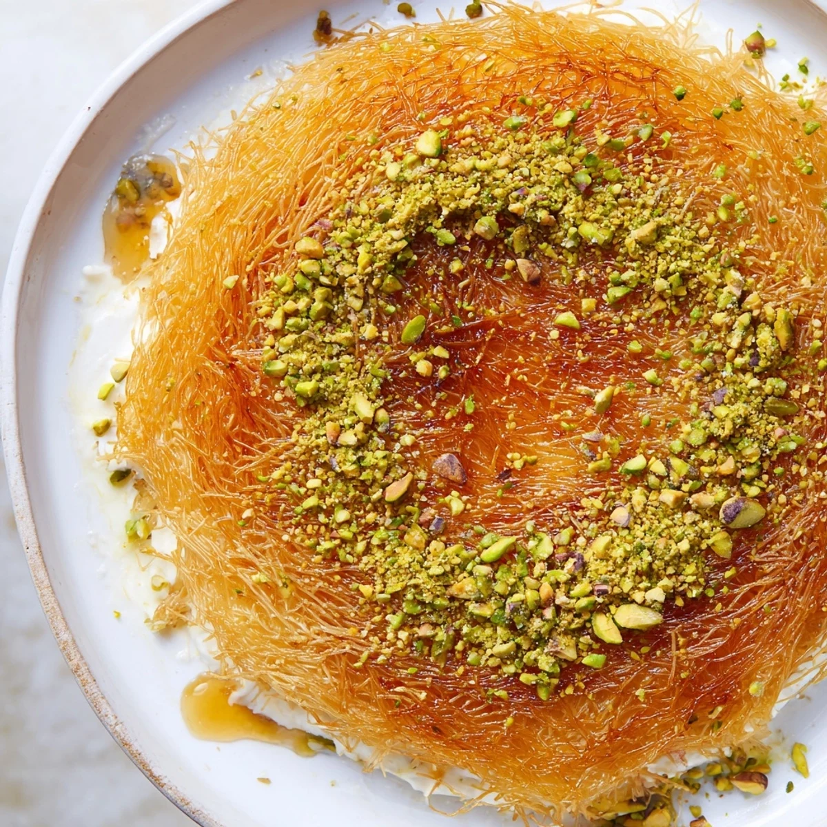 Golden brown Lebanese Knafeh cheese, with a warm cheese center and pistachios.