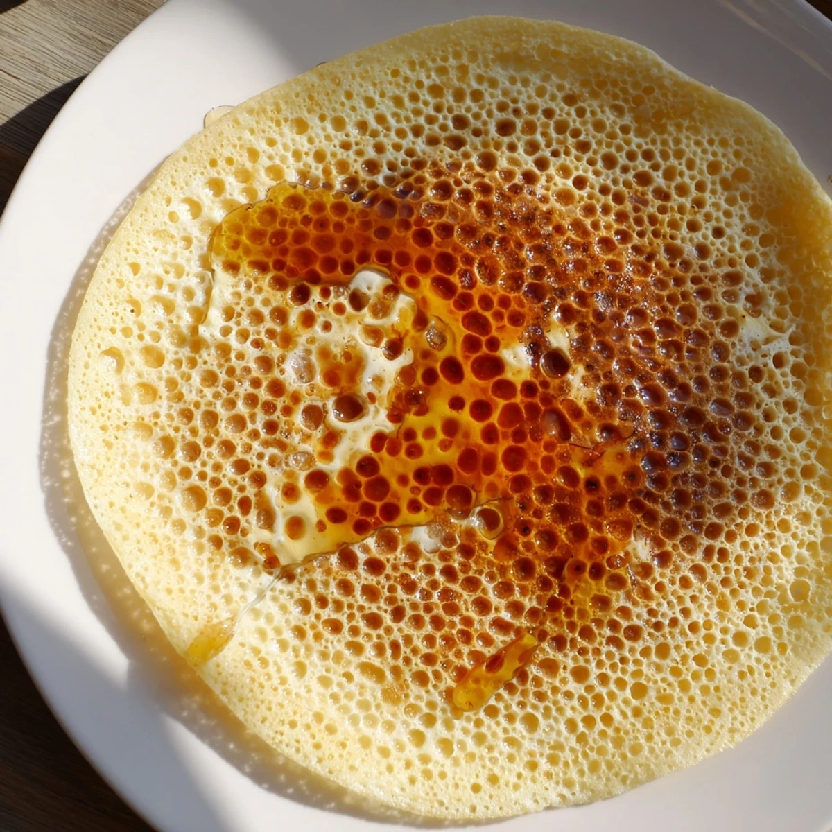 A stack of airy Moroccan Baghrir, with its signature holes, is served with melted butter and honey.