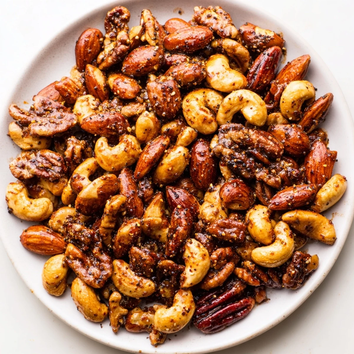 Golden-brown spiced nuts mix, sweet and savory from honey, ready for a delightful snack.