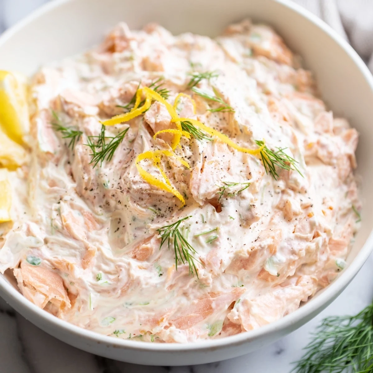 Close-up of a bowl of chilled smoked salmon dip, ready to be served with crackers and lemon wedges.