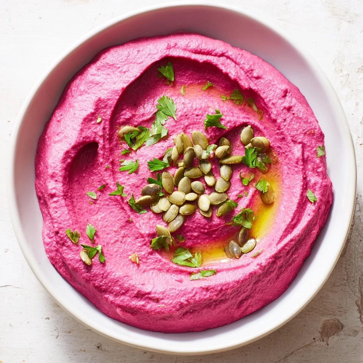 Vibrant beet hummus swirled beautifully with olive oil and sprinkled with toasted seeds for serving.