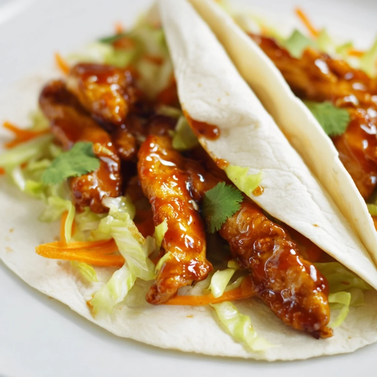 Golden-brown chicken strips glazed with honey sriracha sauce, nestled in a soft tortilla with crisp lettuce, shredded carrots, and vibrant red bell pepper.  