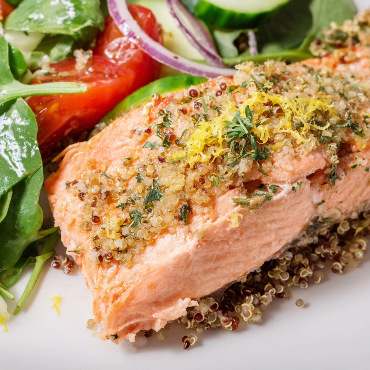 Freshly baked lemon herb salmon rests atop a vibrant salad of quinoa and greens, tossed in zesty citrus vinaigrette.