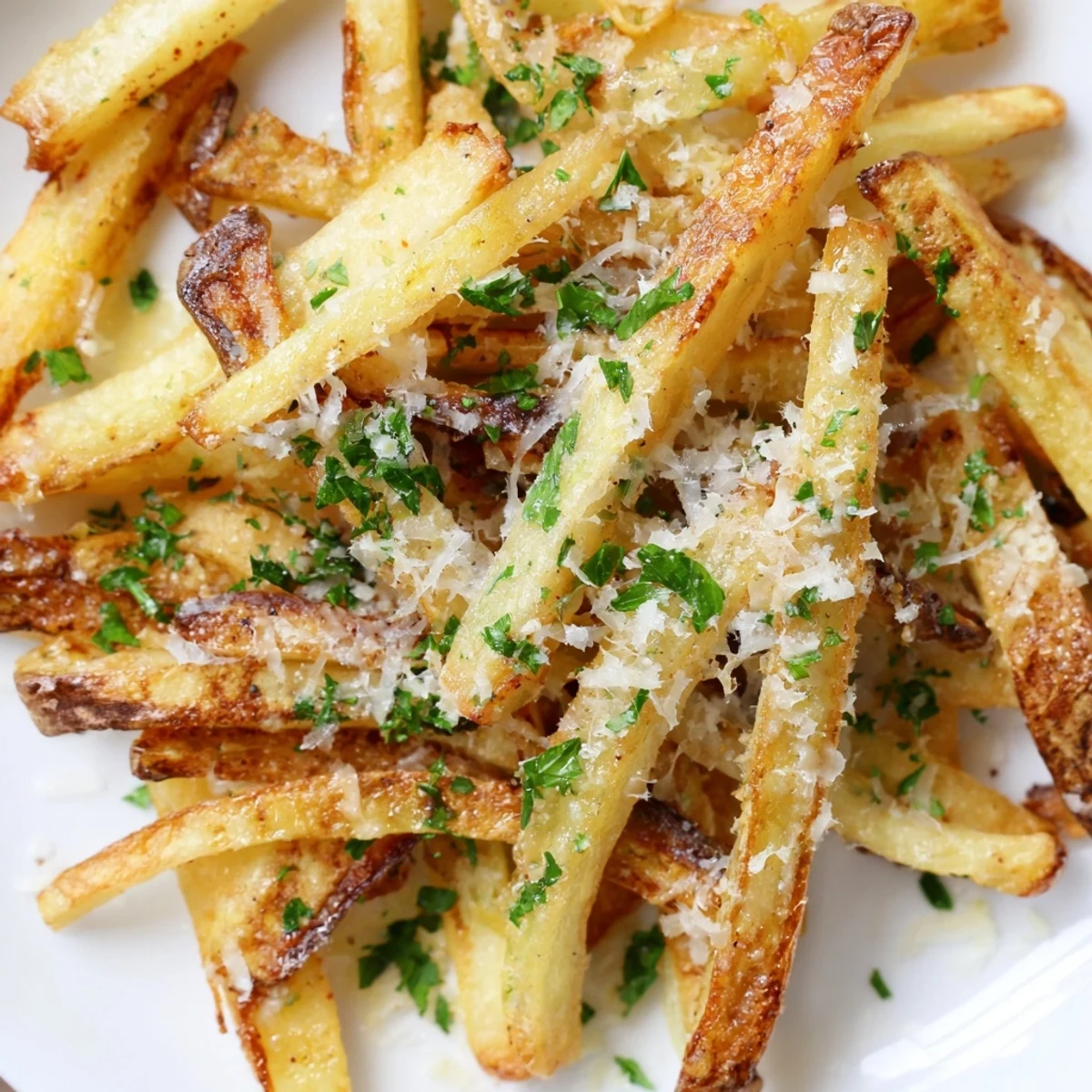 Golden-brown, crispy Truffle Parmesan Fries topped with fresh parsley and freshly grated Parmesan on a rustic plate.