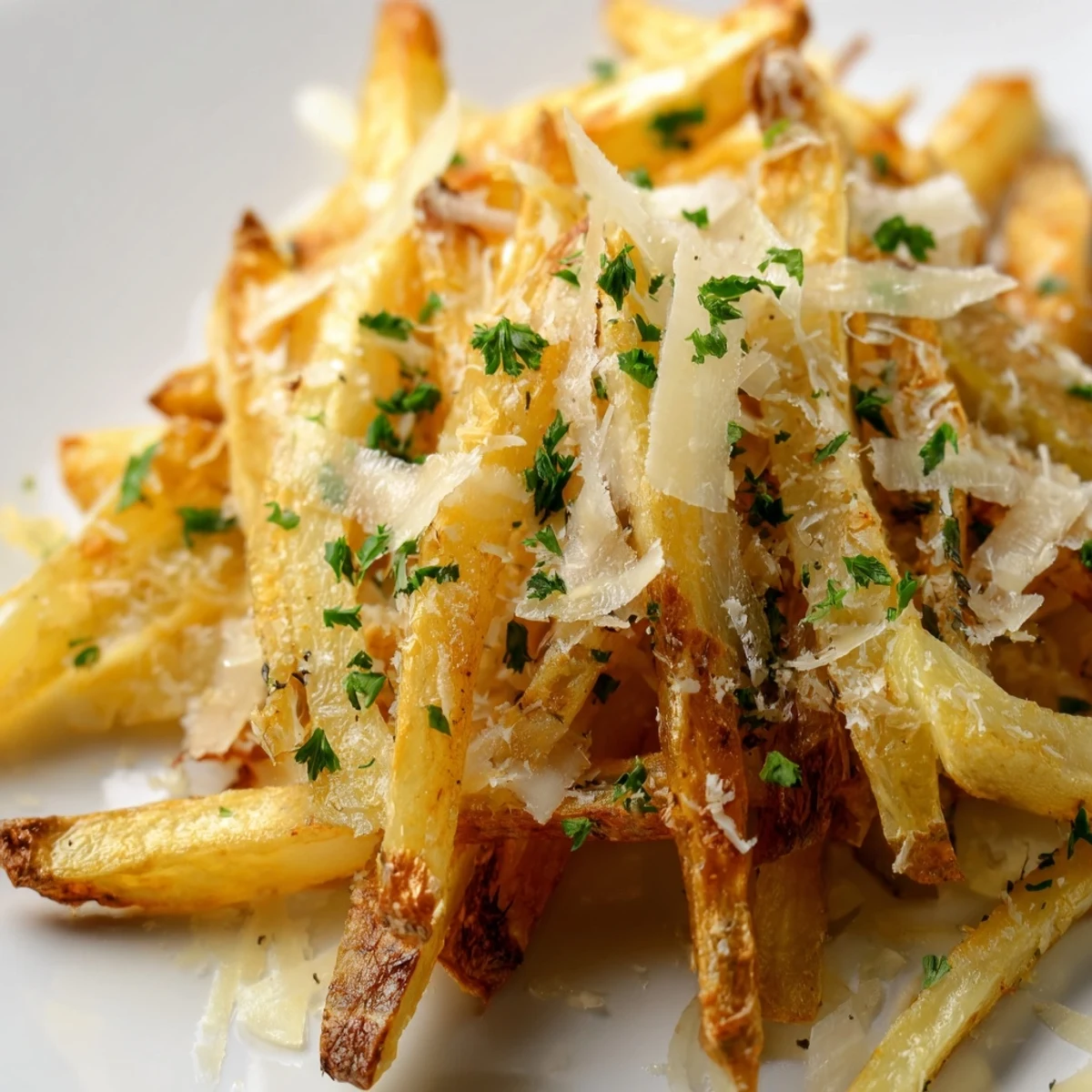 A bowl of golden Truffle Parmesan Fries, drizzled with truffle oil and garnished with fresh parsley.
