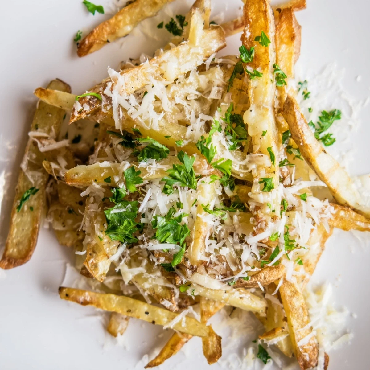 Crispy oven-baked Truffle Parmesan Fries served hot with a side of creamy garlic aioli dipping sauce.