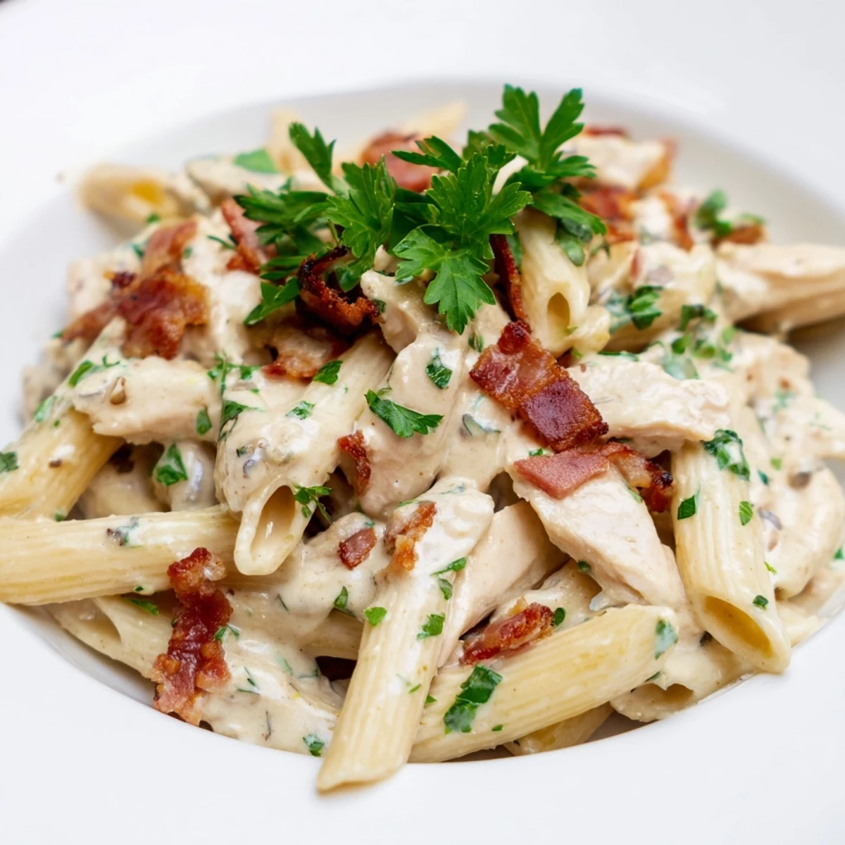A close-up of Creamy Chicken Bacon Penne, showcasing melted cheese sauce clinging to each piece of pasta and savory chicken.  