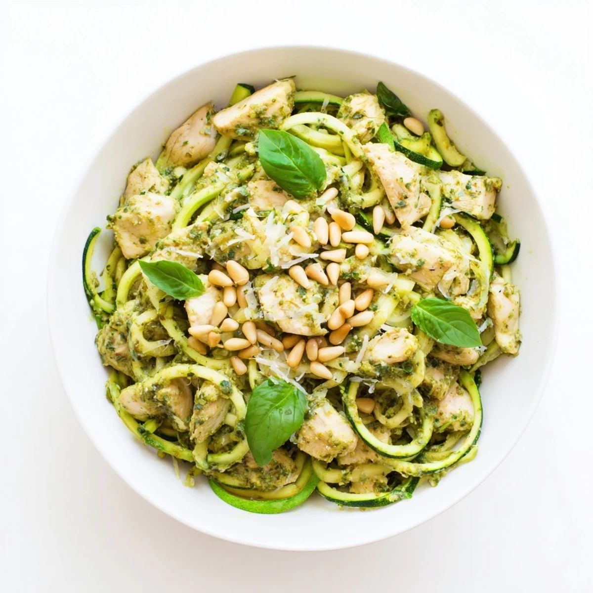 Serving suggestion for Pesto Zucchini Chicken Bowl with toasted pine nuts and grated Parmesan over bright green zucchini noodles.  