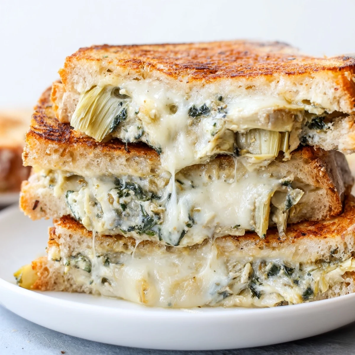 Crusty sourdough Artichoke Spinach Grilled Cheese halves stacked, revealing warm spinach and artichoke dip filling.