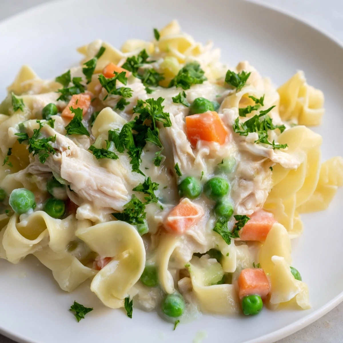 Creamy Spring Chicken Noodle Skillet with tender shredded chicken, peas, and carrots in a light sauce.