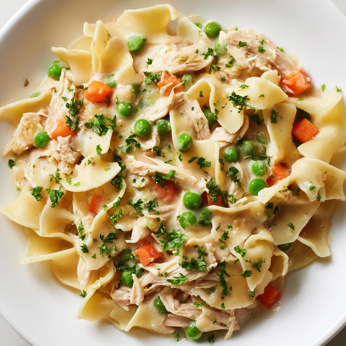 A close-up of Spring Chicken Noodle Skillet, showing glossy egg noodles, peas, and carrots in a creamy sauce.