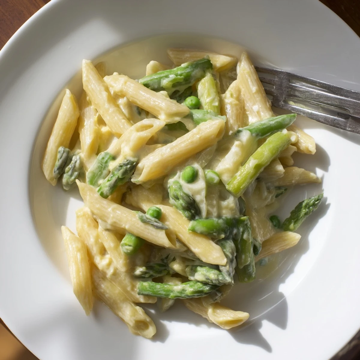 Creamy Garlic Parmesan Spring Vegetable Pasta served in a bowl, with tender asparagus, peas, and green beans coated in a light sauce, garnished with fresh basil.