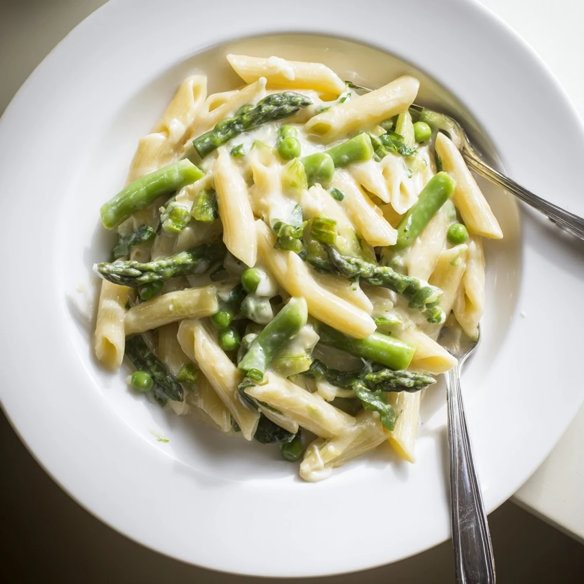 Garlic Parmesan Spring Vegetable Pasta on a white plate, featuring penne tossed with bright green vegetables and a creamy sauce, a perfect vegetarian main for spring.
