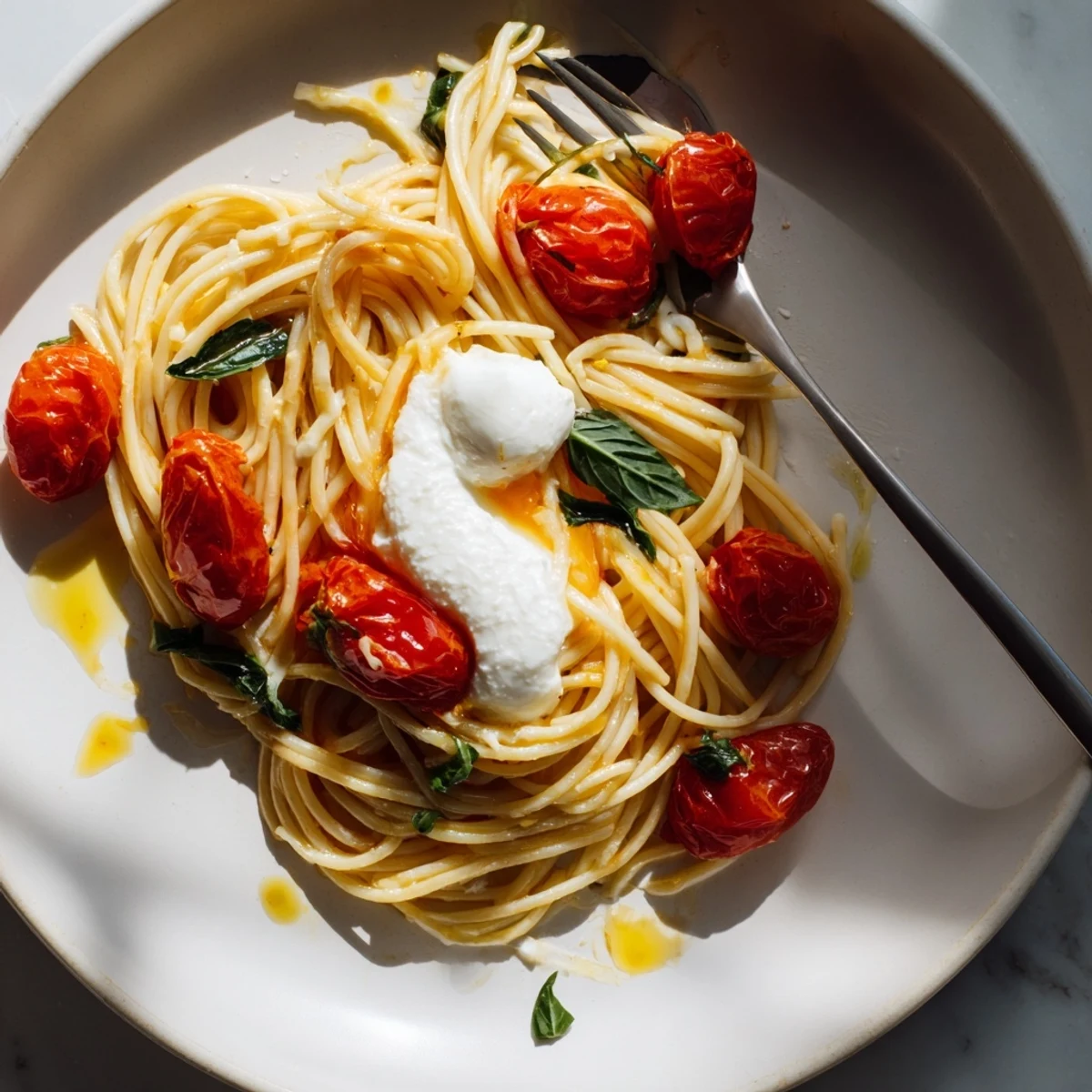 Steaming plates of Burrata Caprese Pasta glisten with olive oil and sweet burst cherry tomatoes.