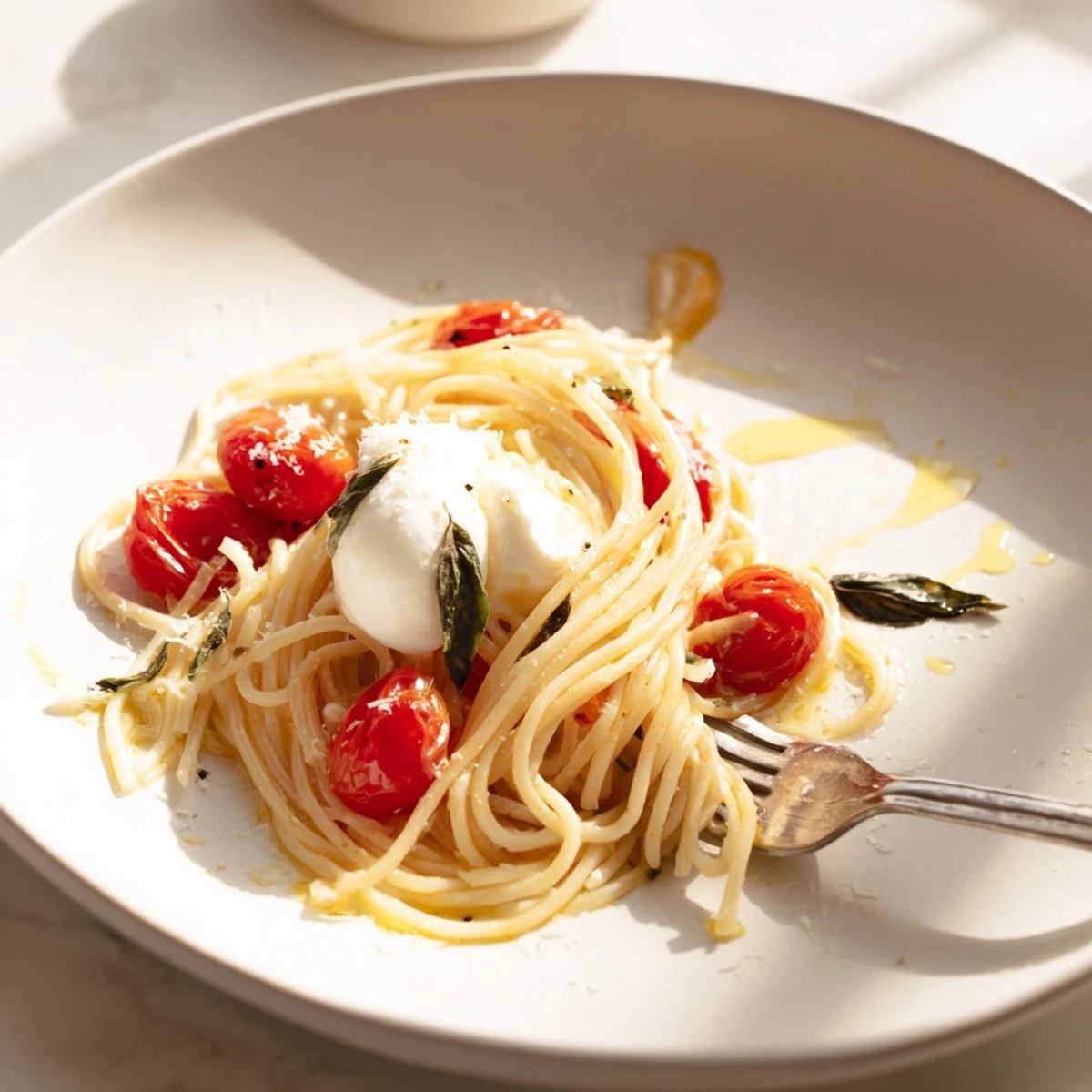 A close-up of Burrata Caprese Pasta shows torn burrata, basil leaves, and a vibrant tomato sauce.