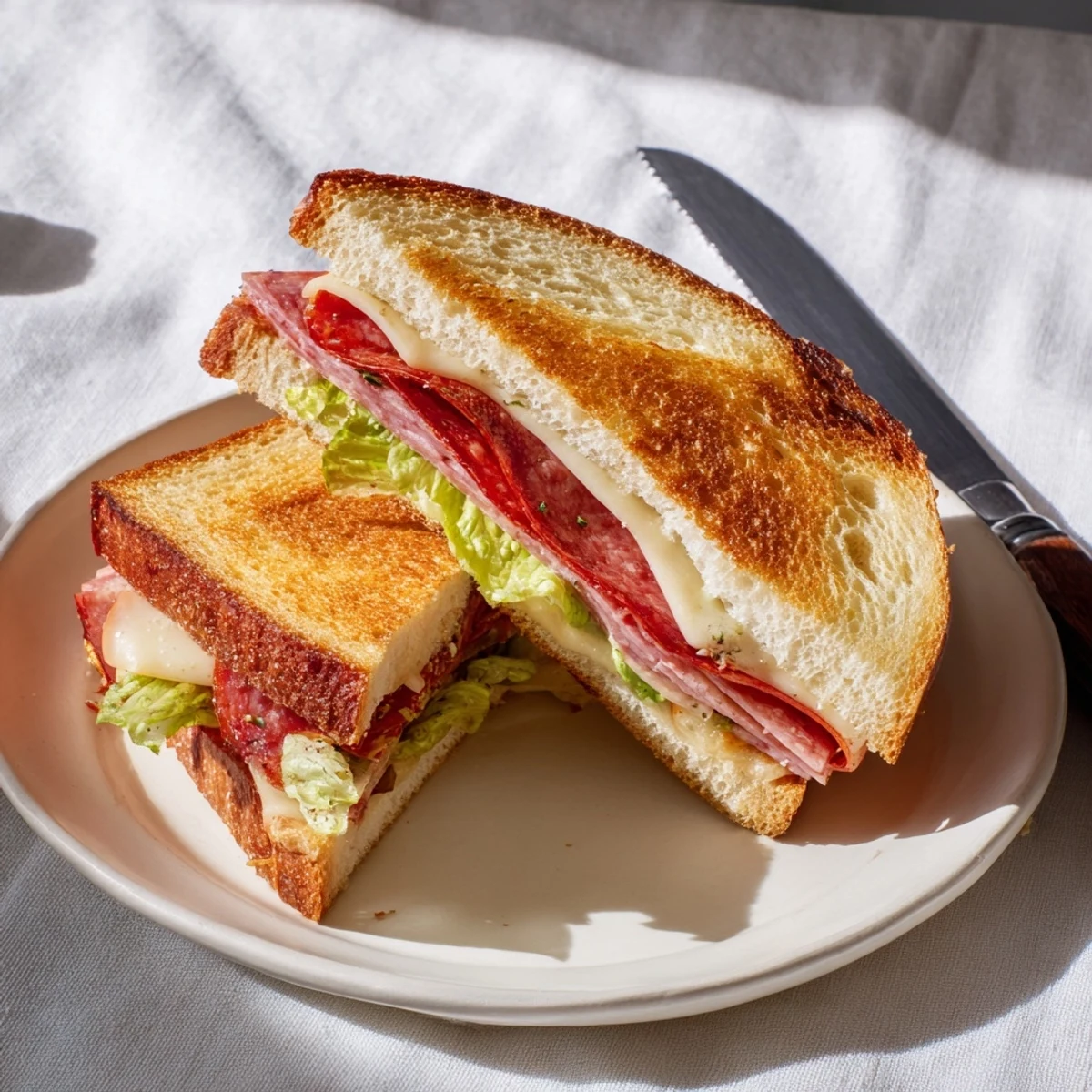 Golden-brown Italian Sub Grilled Cheese sandwich on a wooden board, melted provolone and savory cold cuts peeking from crispy bread with tangy lettuce topping.  
