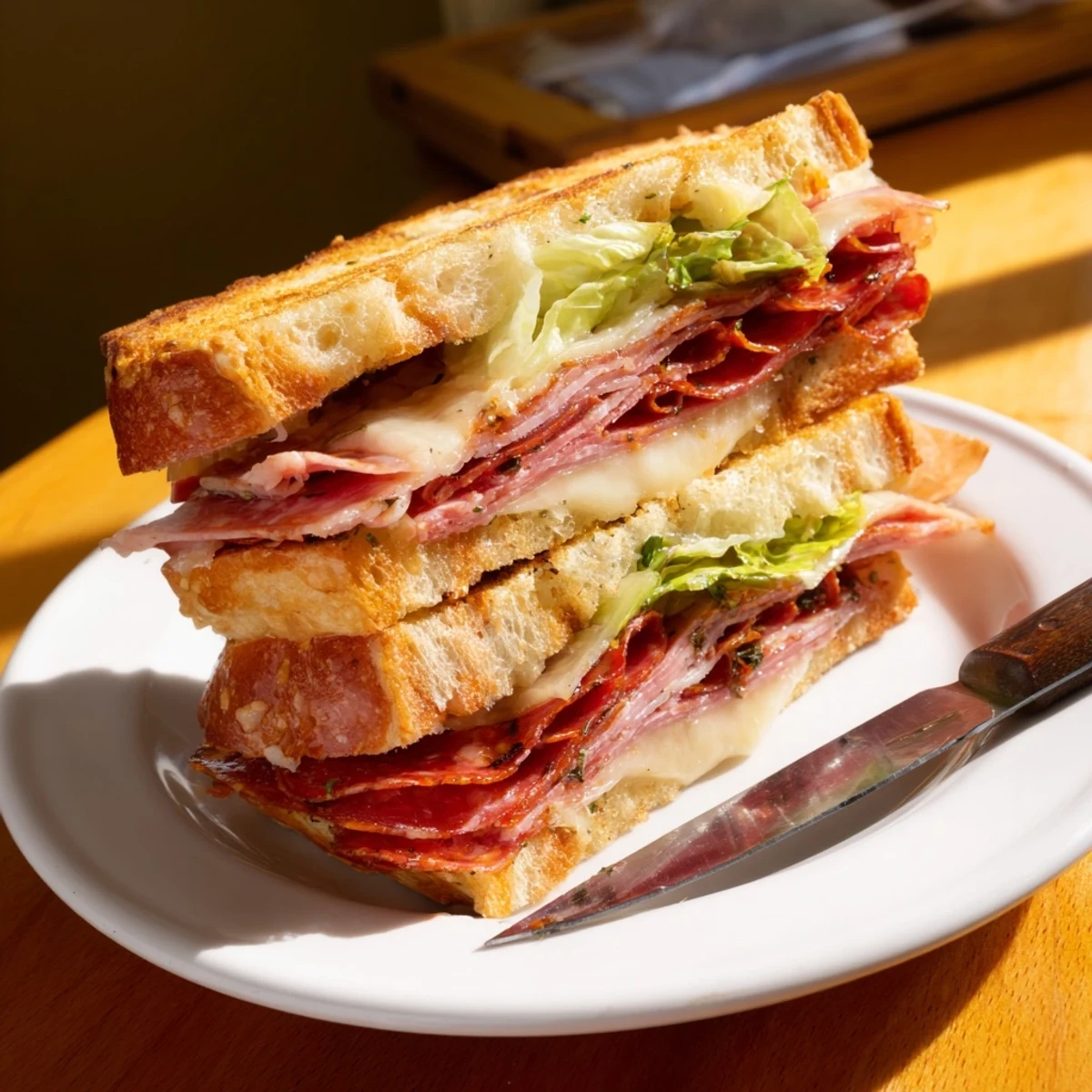 Two halves of an Italian Sub Grilled Cheese stacked on a plate, showcasing layers of Italian cold cuts, provolone, and a zesty lettuce mixture.