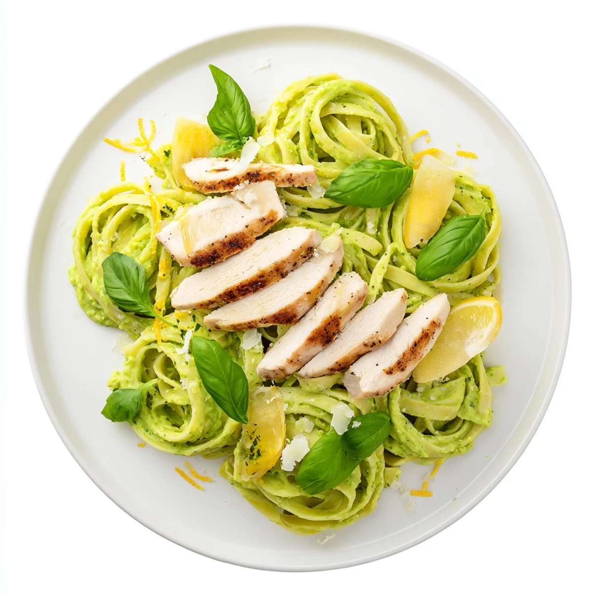 Fresh grilled chicken slices rest atop creamy avocado chicken pasta, garnished with basil and lemon zest on a rustic plate.