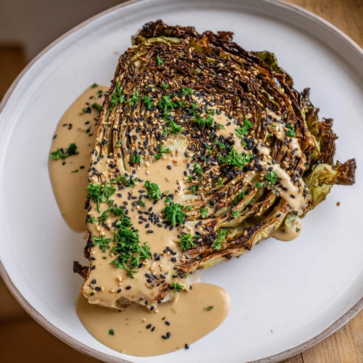 A close-up shows warm roasted cabbage steaks with a velvety tahini drizzle and toasted sesame seeds on a serving platter.