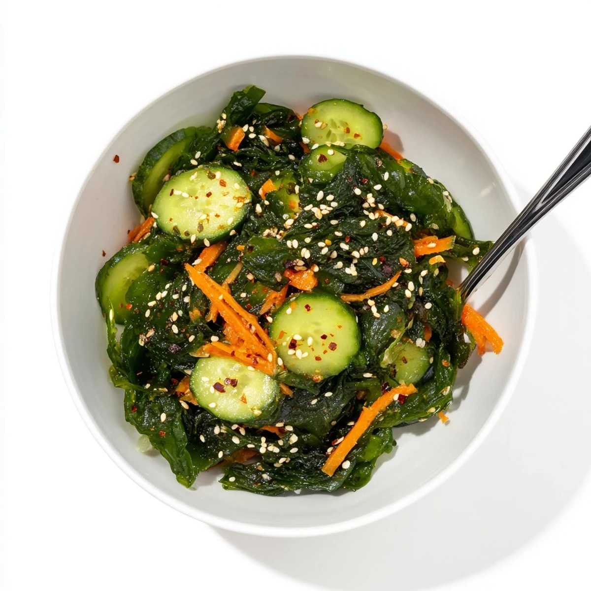 A close-up of Seaweed Salad in a white bowl, showcasing dark green wakame strands mixed with crisp julienned carrot and cucumber slices glistening with a light sesame-ginger dressing.