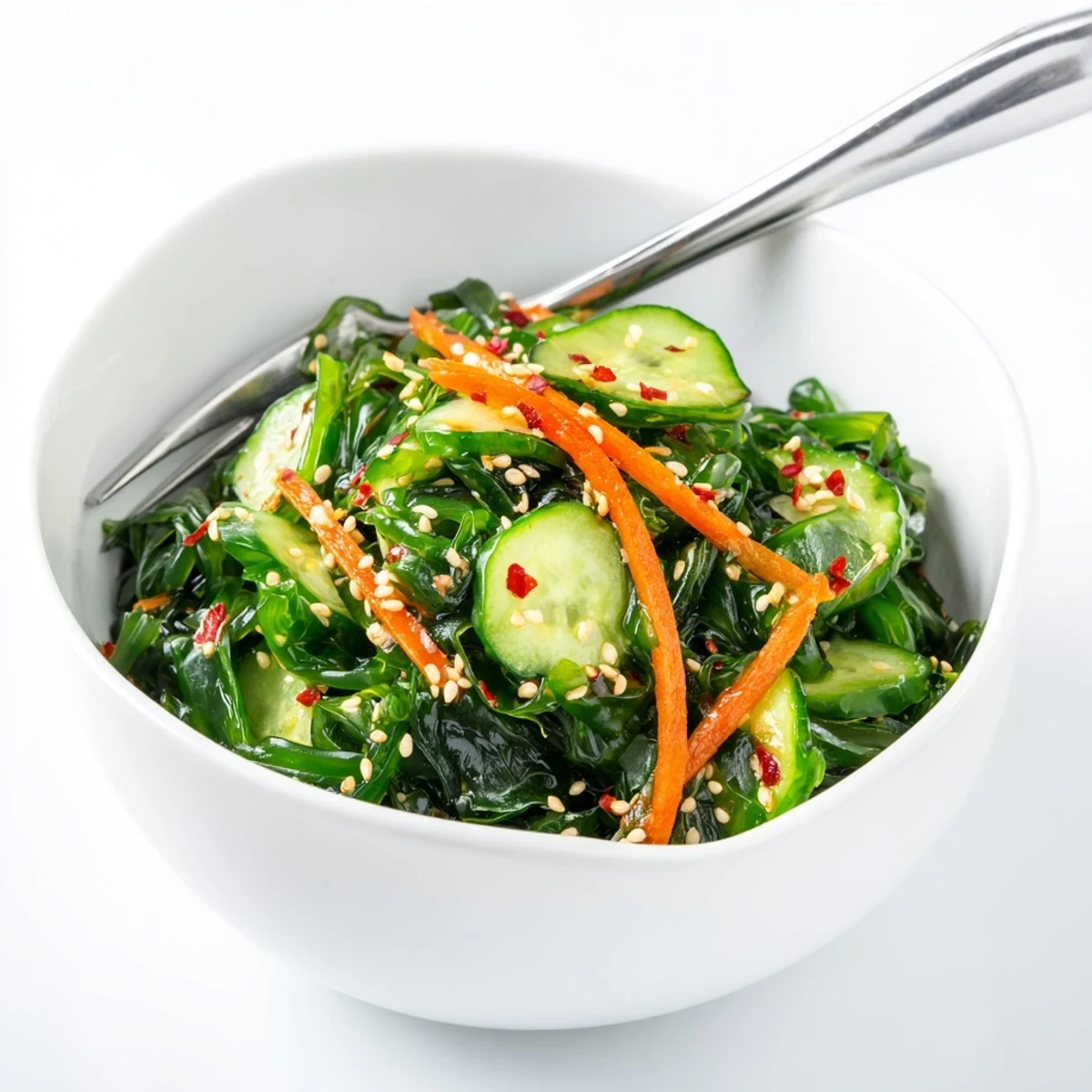 Vibrant Seaweed Salad arranged in a shallow ceramic dish, garnished with toasted sesame seeds and fresh cilantro, offering a refreshing Japanese-inspired appetizer.
