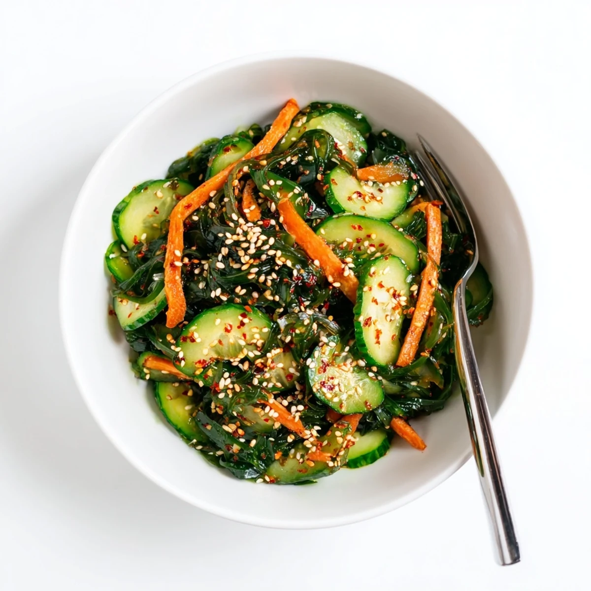 Brightly lit Seaweed Salad topped with sliced scallions and a sprinkle of chili flakes, serving as a vibrant, vegan, and gluten-free side dish.