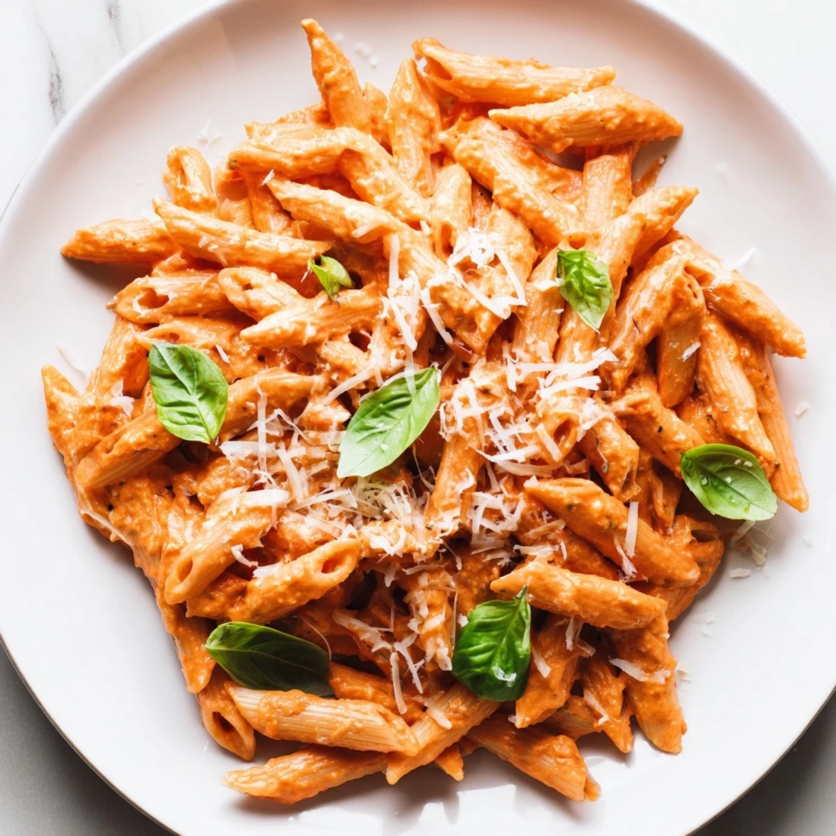 Creamy Roasted Red Pepper Pasta tossed with penne, fresh basil, and grated Parmesan, showcasing a vibrant orange sauce.