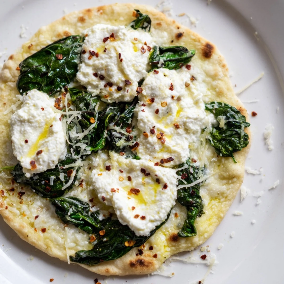 Freshly baked spinach ricotta pizza with golden crust, bubbling mozzarella, and vibrant sautéed greens on a wooden cutting board.