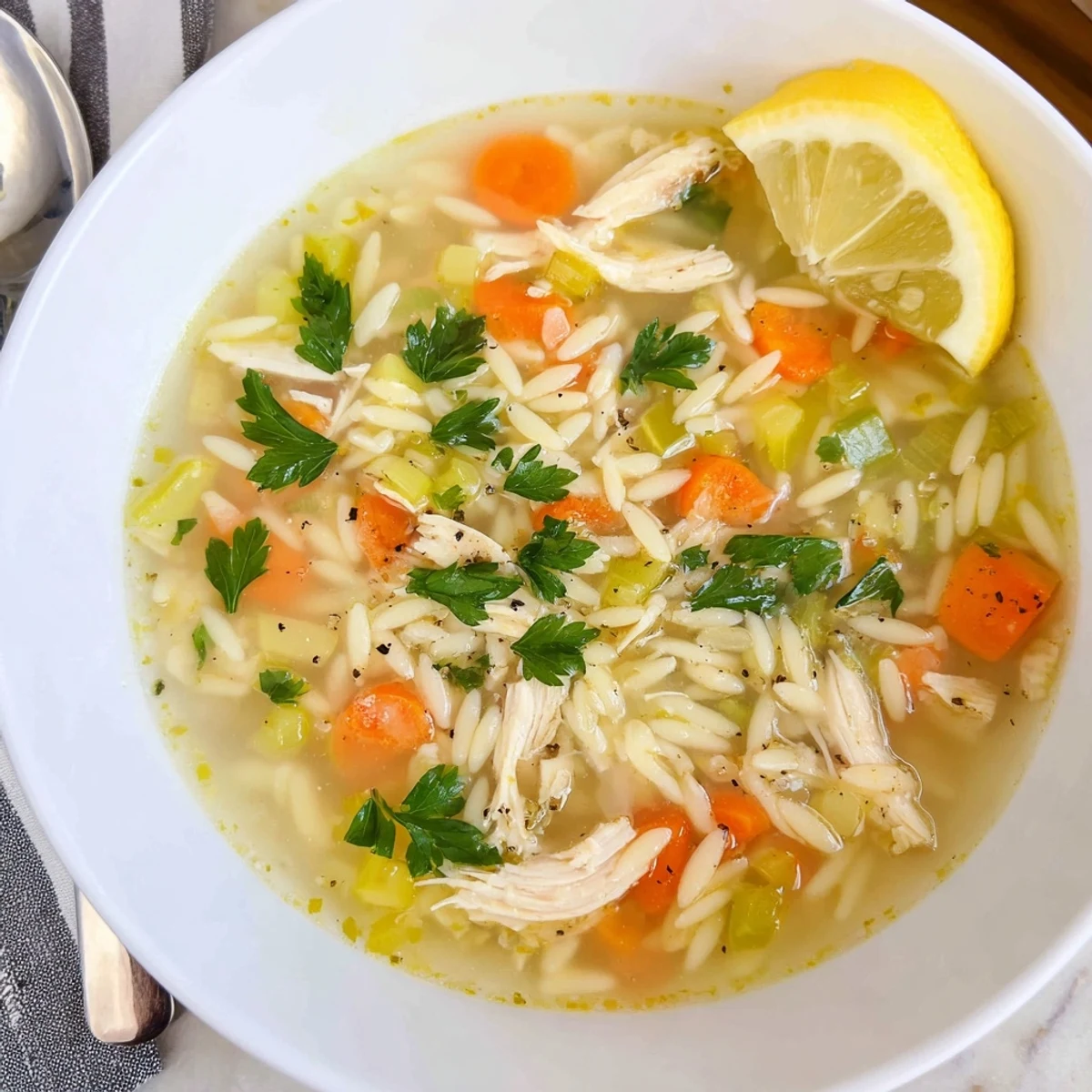 This bright Lemon Pepper Chicken Orzo Soup features tender shredded chicken, orzo, and a zesty, peppered broth.  
