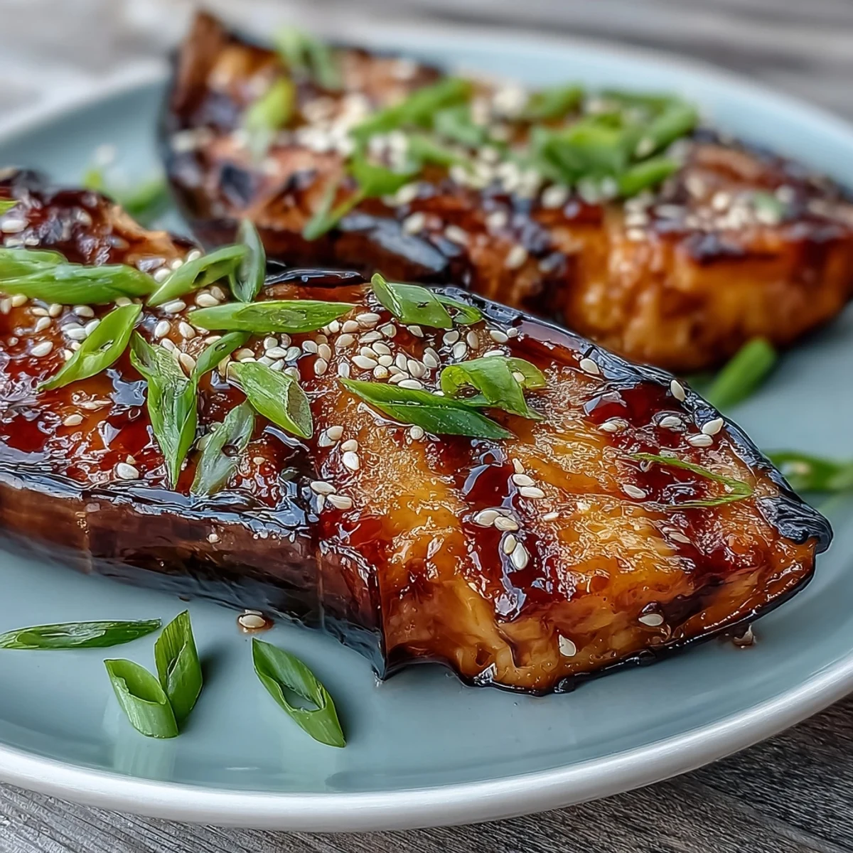 Golden brown Miso Glazed Eggplant halves topped with sesame seeds and scallions.