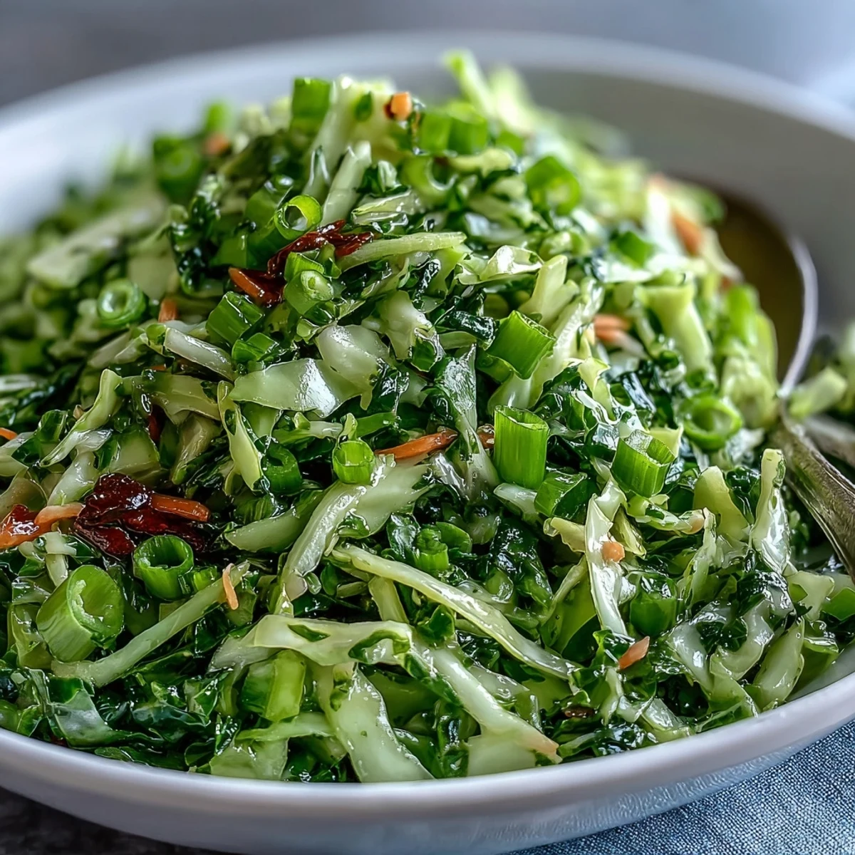 Vibrant green cabbage and apple slaw, crisp and tangy, served fresh.
