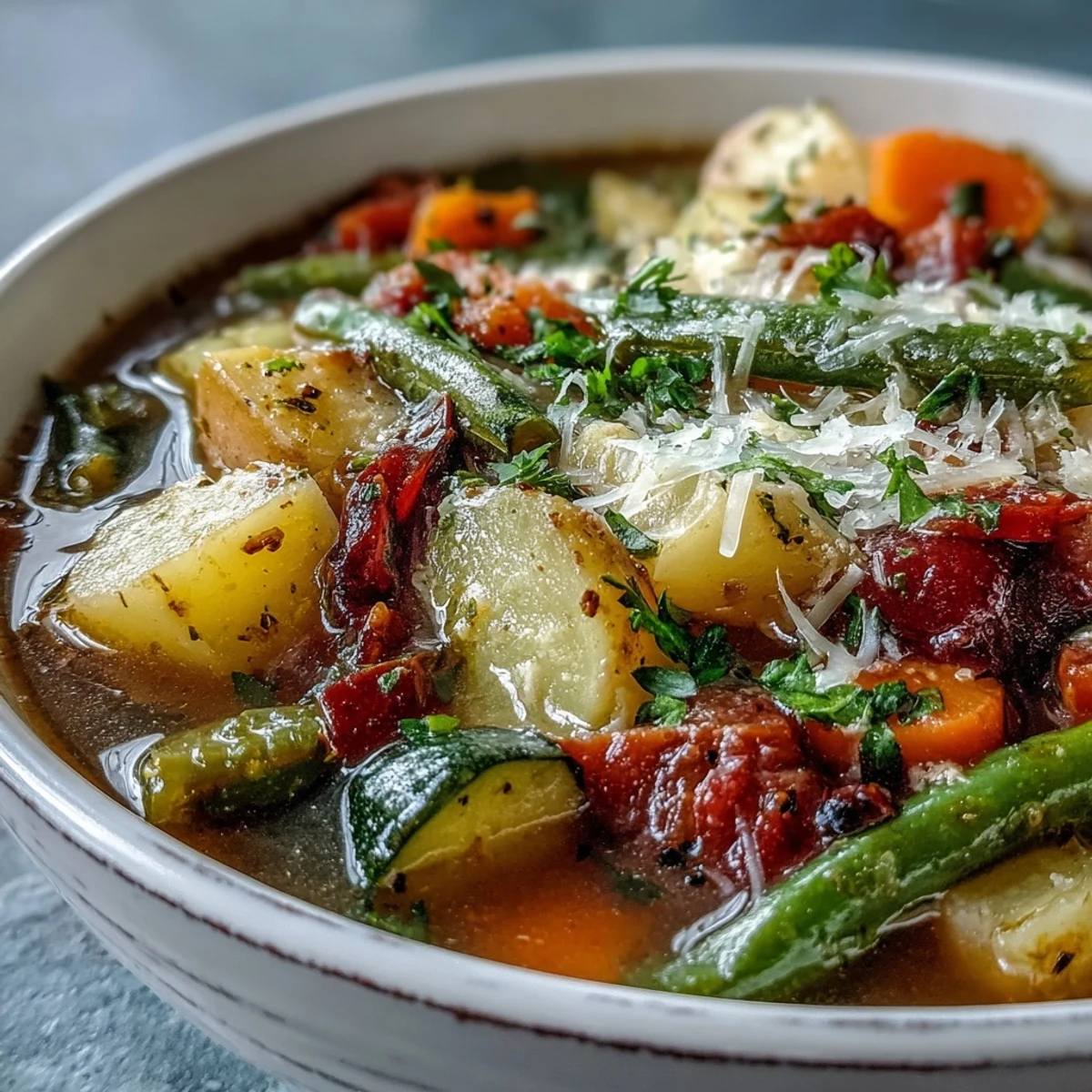 Steaming bowl of Parmesan Veggie Soup featuring tender carrots, zucchini, and green beans in a rich, cheesy broth.