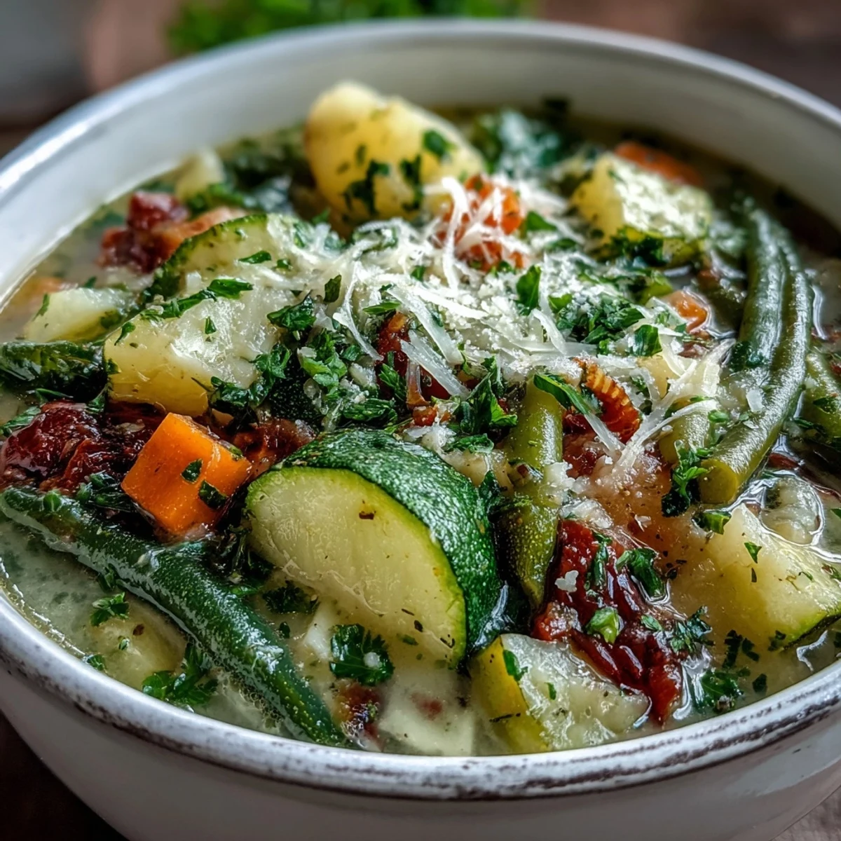 Homemade Parmesan Veggie Soup served hot with crusty bread for dipping, garnished with fresh parsley and grated cheese.