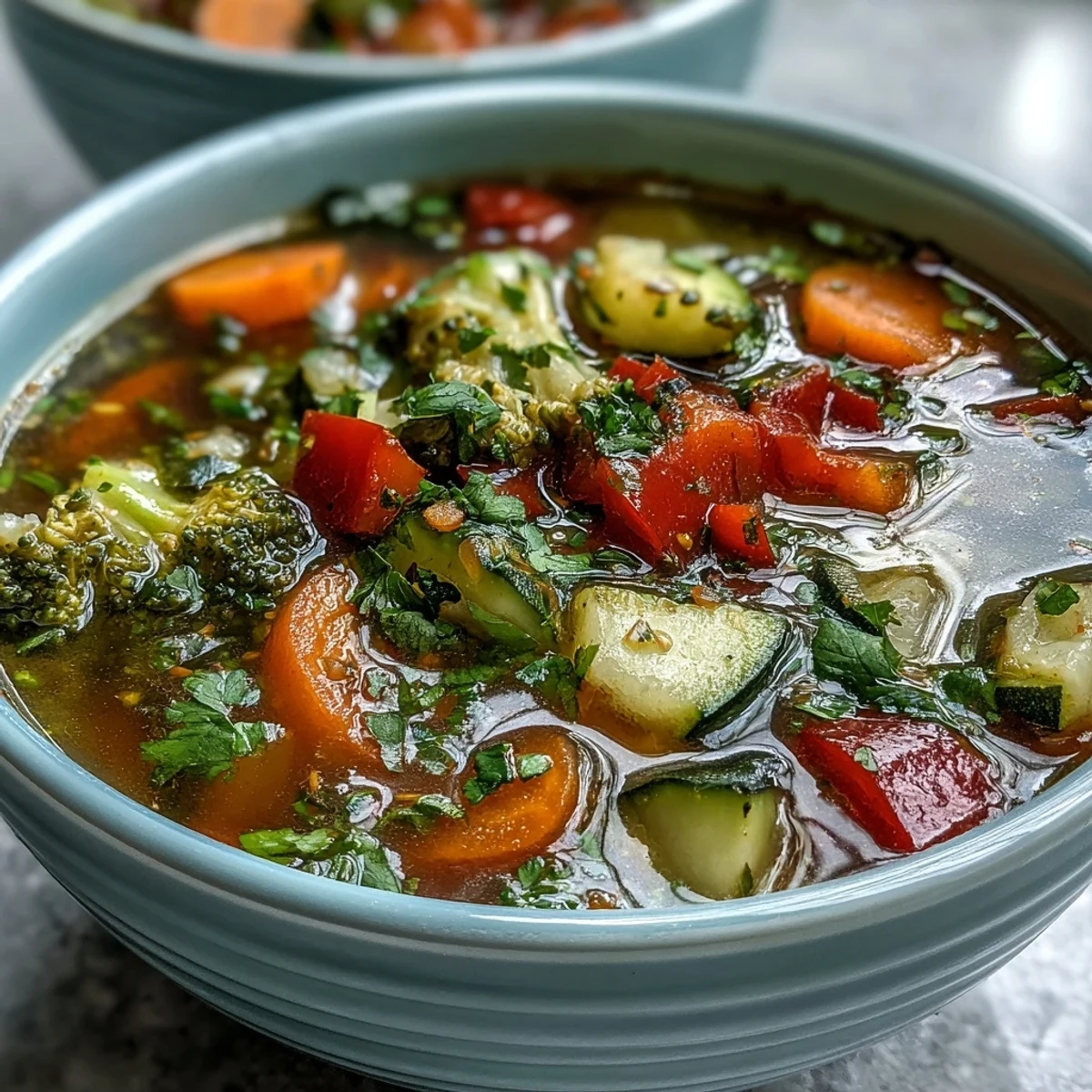 Freshly grated ginger infuses this vibrant Ginger Vegetable Soup, with colorful carrots, broccoli, and herbs in a steaming bowl.