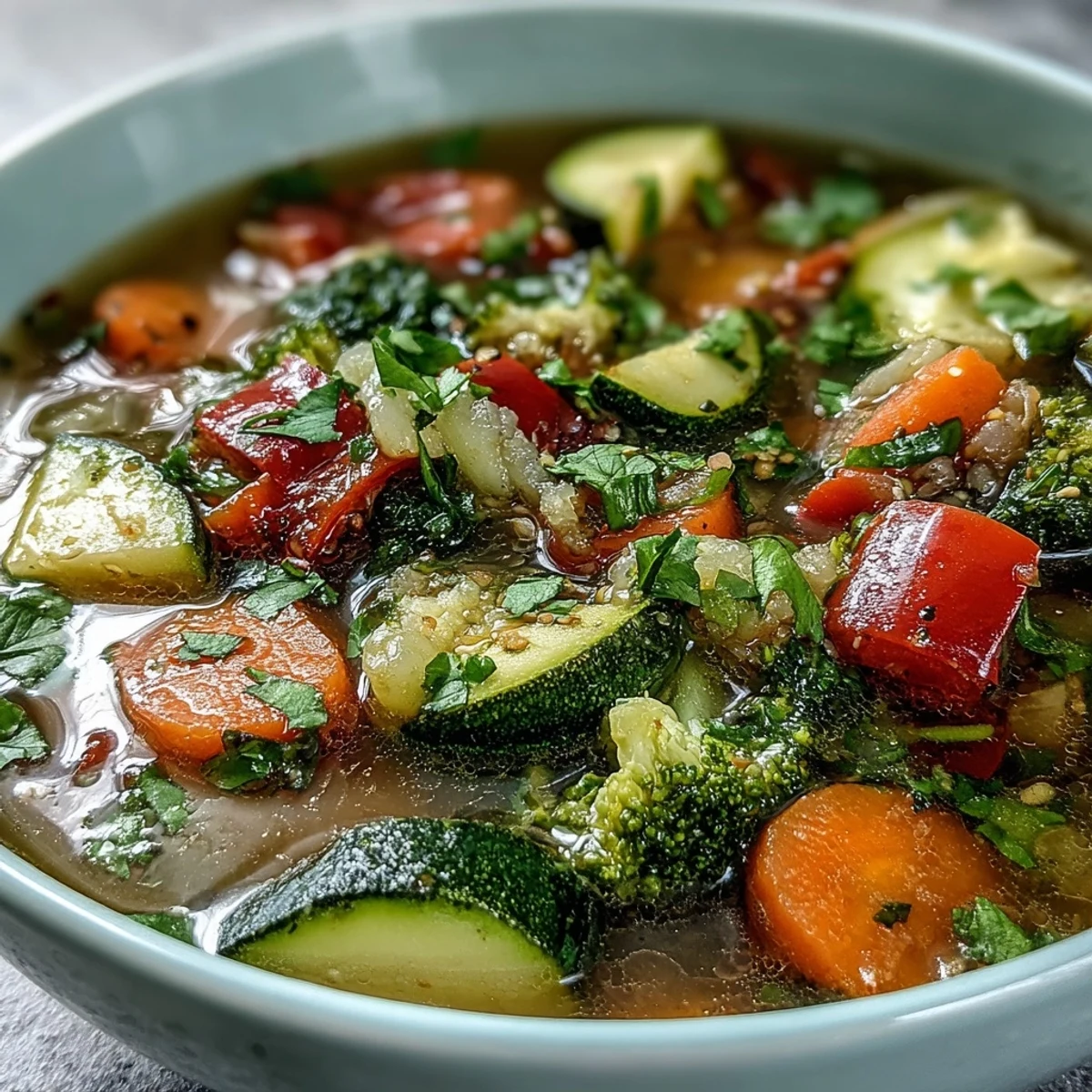 A comforting bowl of Ginger Vegetable Soup, garnished with cilantro and a drizzle of sesame oil, served beside rustic bread.
