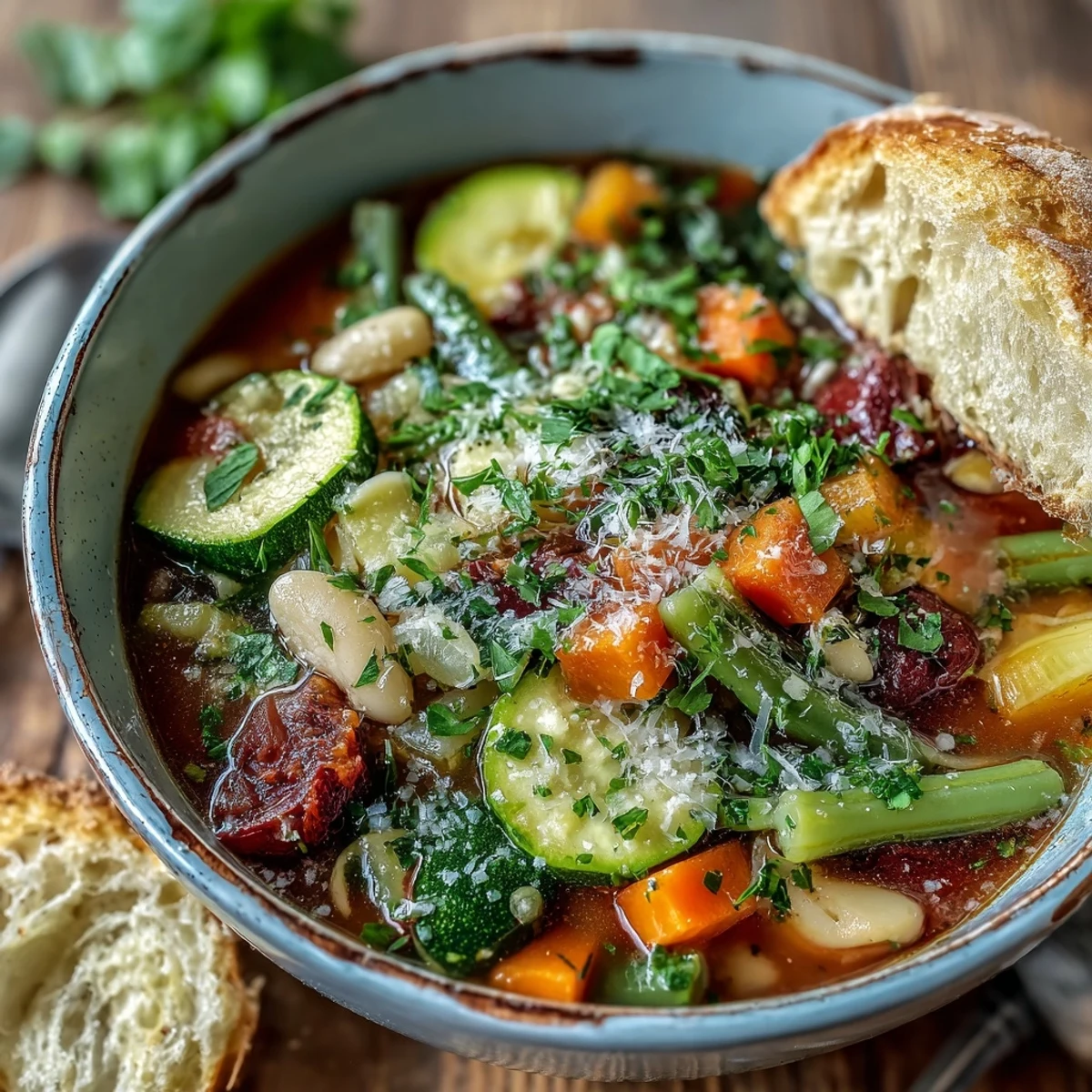 Hearty Vegetable Minestrone soup in a rustic bowl, topped with fresh parsley and Parmesan alongside crusty bread.