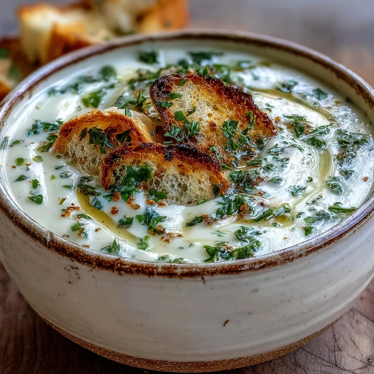 Steaming pot of Garlic and Herb Soup simmering on the stove, showcasing tender potatoes, leeks, and garlic.