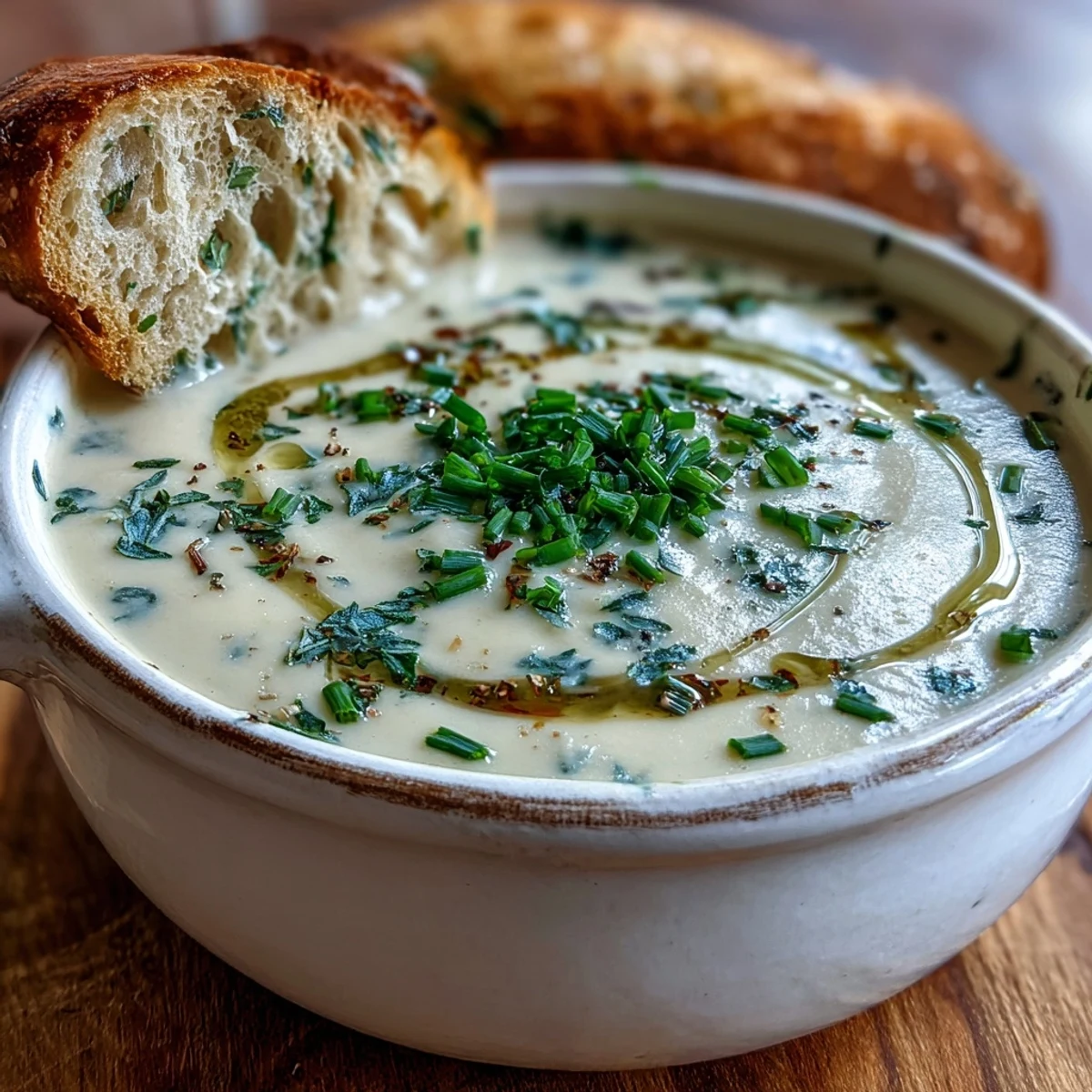 Golden roasted garlic cloves and fresh herbs blend into a velvety, creamy soup garnished with chives and served with crusty bread.